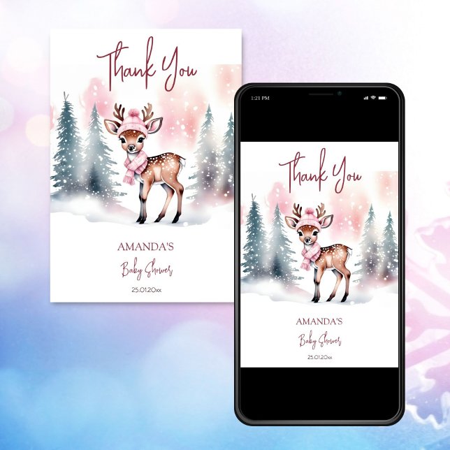 Winterbaby-Dusche niedliche Hirsche Rosa Danke Einladung (Winter baby shower cute deer pink thank you card editable template digital download  baby it's cold)