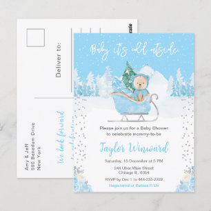 Winterbär Blau Schlitten Babyparty Postkarte