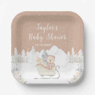 Winterbär Braun Schlitten Babyparty Pappteller