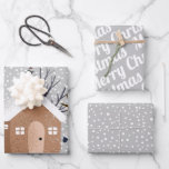 Winterbär, frohe Weihnachten und Schneeflocken Geschenkpapier Set<br><div class="desc">Winterbär,  Frohe Weihnachten und Schneeflocken Packpapier Blätter . Ein Set aus drei Blättern Urlaubspapier. Der erste beinhaltet einen Bären in Winterkleidung,  ein Haus,  Bäume,  Geschenke und Ziergegenstände. Die zweite ein Muster des Wunsches "Frohe Weihnachten" in weiß auf grau und die dritte weiße Schneeflocken auf grau.</div>