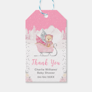 Winterbär Pinker Schlitten Baby Shower Danke Geschenkanhänger