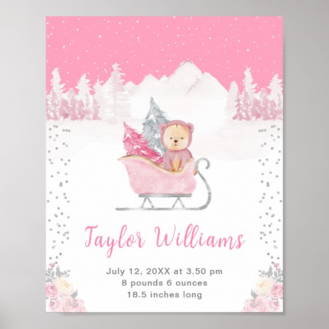 Winterbär Rosa Schlitten Geburtsstatistik Poster (Vorne)