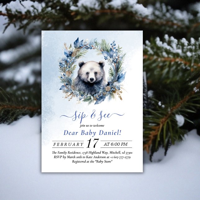 Winterbär Wasserfarben Sip und sehen Einladung (Winter Bear Watercolor Sip and See Invitation)