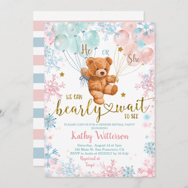 Winterbärengeschlecht zeigt rosa blaue Babydusche Einladung (Vorne/Hinten)