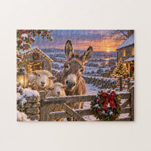 Winterbauernhof-Sonnenuntergang Esel Schafe Versch Puzzle