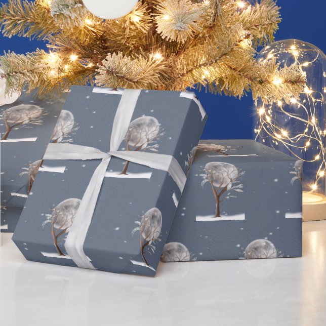 Winterbaum mit Mond und Eule  Geschenkpapier (Feiertage)