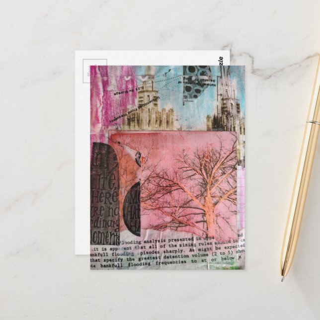 Winterbaum- und Gebäude-Mixed-Media-Collage Postkarte (Vorderseite/Rückseite Beispiel)