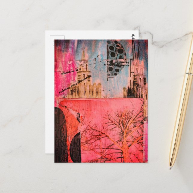 Winterbaum- und Gebäude-Mixed-Media-Collage Postkarte (Vorderseite/Rückseite Beispiel)