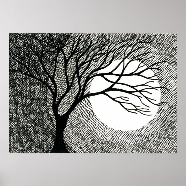 Winterbaum und Mond in Schwarz und Weiß Poster (Vorne)