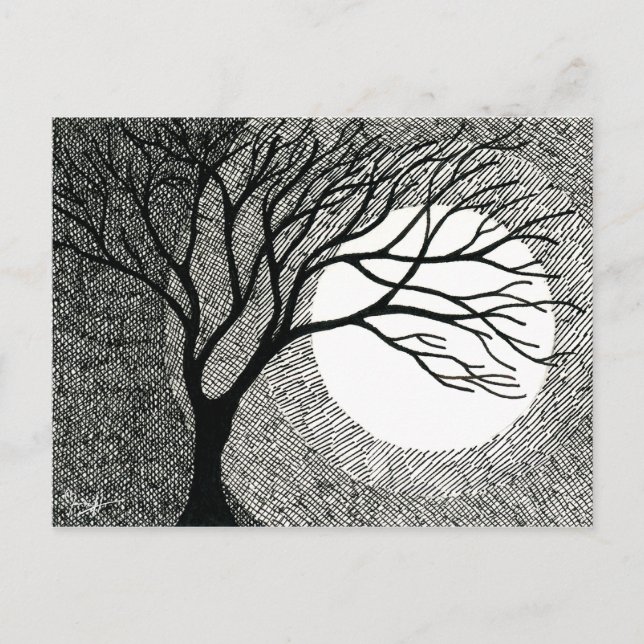 Winterbaum und Mond in Schwarz und Weiß Postkarte (Vorderseite)
