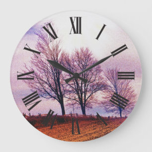 Winterbäume & Bauernhäuser Landschaft Kunst, Dicht Große Wanduhr