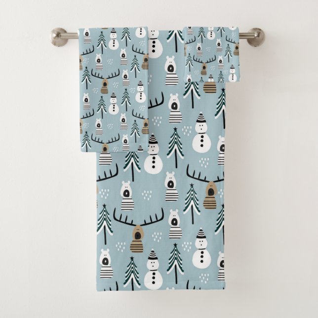 Winterbäume, Hirsche, Bären und Snowmen Badhandtuch Set (Insitu)