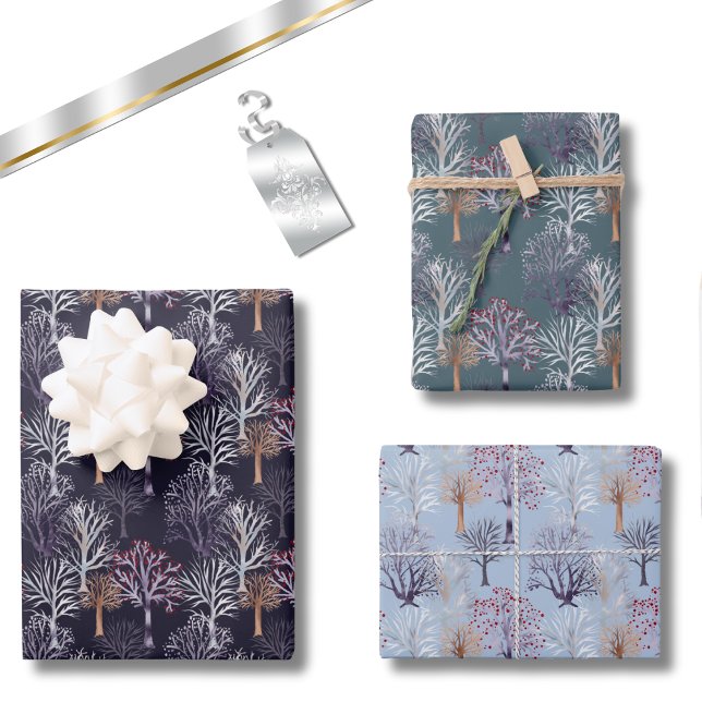 Winterbäume Modernes botanisches Wasserfarbenmuste Geschenkpapier Set (Winter Trees Modern Botanical Watercolor Wrapping Paper Sheets)