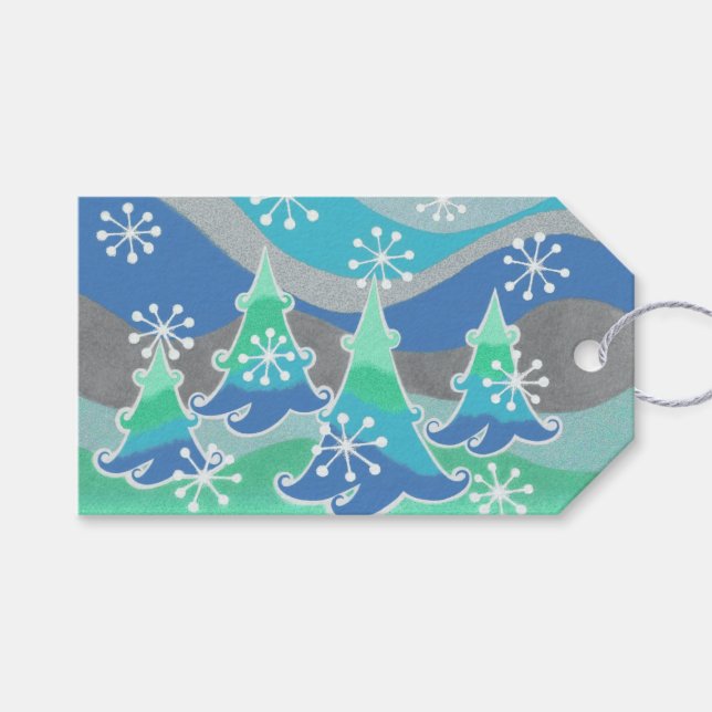 Winterbäume Text Geschenketiketten blau Geschenkanhänger (Vorderseite (Horizontal))