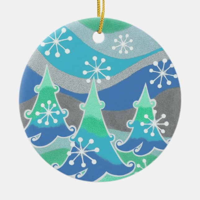 Winterbäume Textschmuck rund Keramikornament (Vorne)