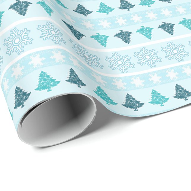 Winterbäume und Schneeflocken Muster Blau Geschenkpapier (Rolleneckpunkt)