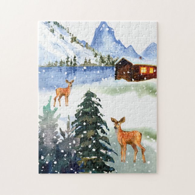 Winterberghütte mit Hirsch Puzzle (Vertikal)