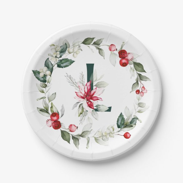 Winterberries Monogram L Paper Plate Pappteller (Vorderseite)