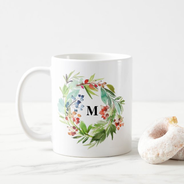 Winterberry Holly und Juniper Christmas Monogram Kaffeetasse (Mit Donut)