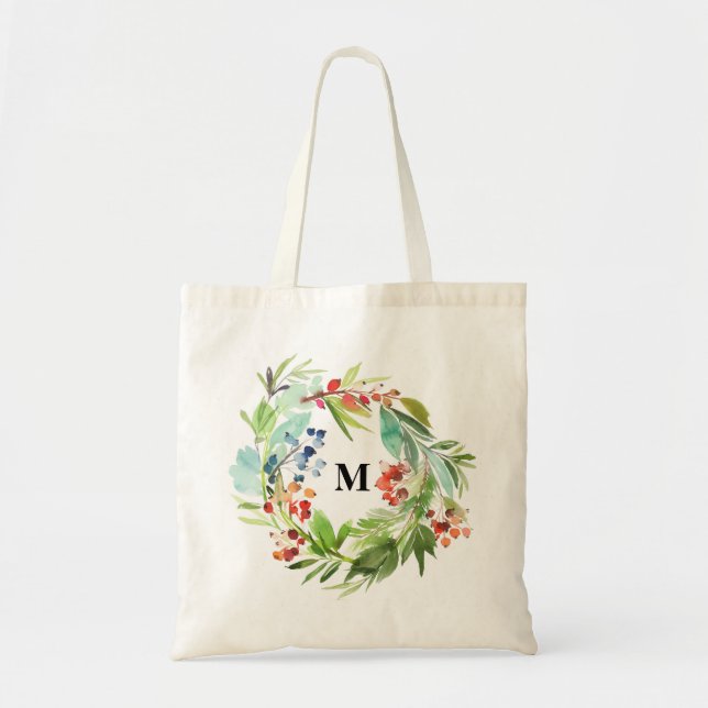 Winterberry Holly und Juniper Christmas Monogram Tragetasche (Vorne)
