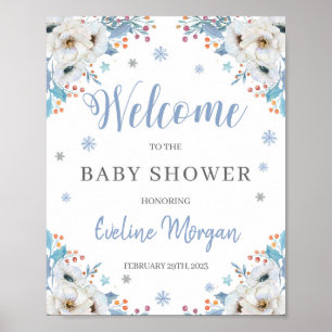 Winterblau Blumen Silber Babydusche Begrüßungszeic Poster