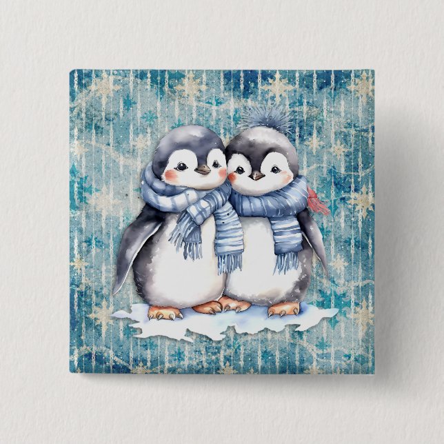 Winterblaue Aquarellpinguine mit Skarabäen Button (Vorderseite)