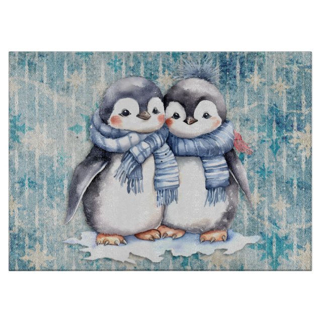 Winterblaue Aquarellpinguine mit Skarabäen Schneidebrett (Vorderseite)