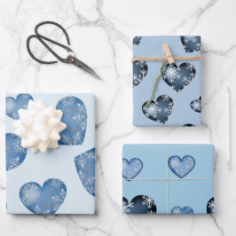 Winterblaue Farbherzen mit Schneeflocken Geschenkpapier Set