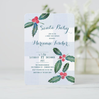Winterblaue Gingham-Santa-Baby-Party-Einladung