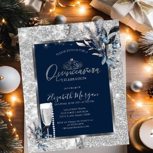 Winterblumen, Glasperlen Blaue Quinceanera Einladung