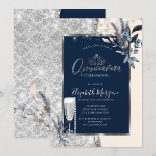 Winterblumen, Prosecco Navyblauer Quinceanera Einladung
