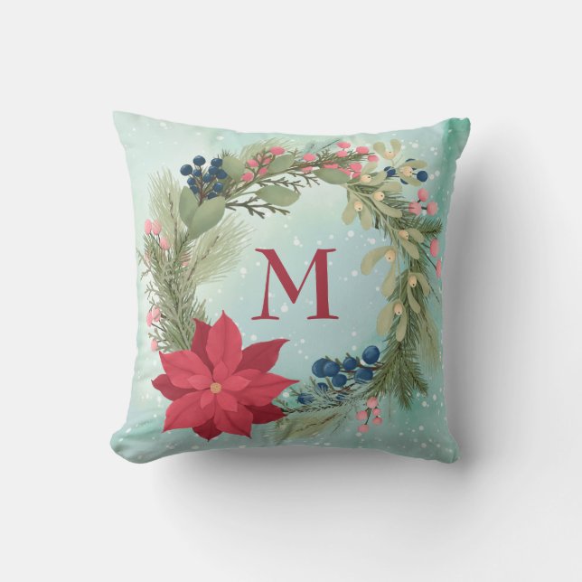 Winterblumenschaf-Rustikal-Kranz-Monogramm Kissen (Vorderseite)