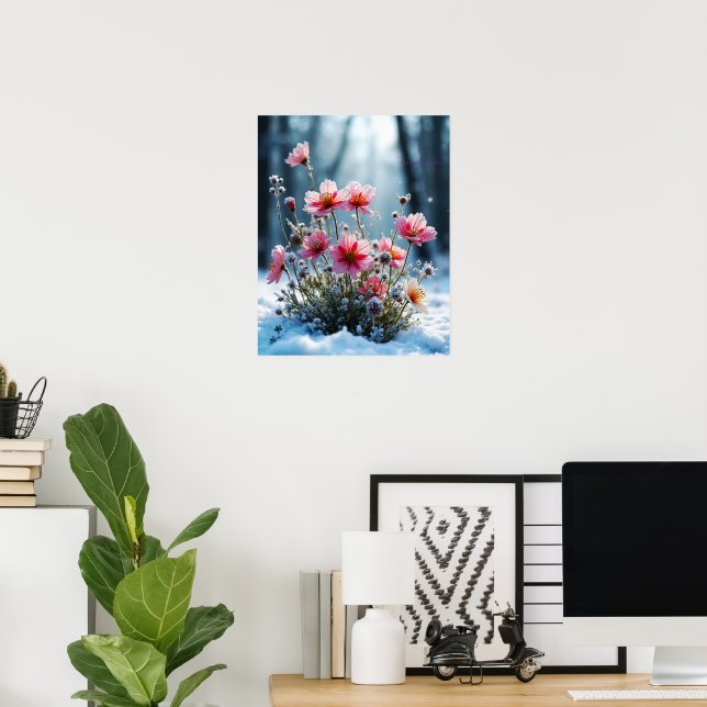 Winterblüte – Rosa Kosmos im Schnee Poster (Heimbüro)