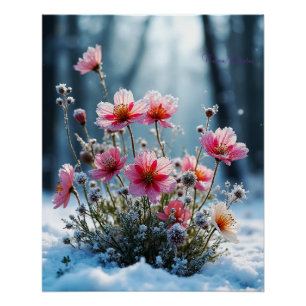 Winterblüte – Rosa Kosmos im Schnee Poster