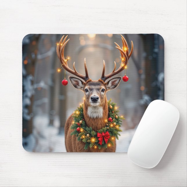 Winterbock mit einem leuchtenden Weihnachtskranz Mousepad (Mit Mouse)