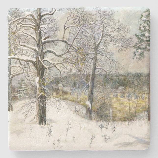 Winterbrücke Aquarellmalerei Steinuntersetzer (Vorderseite)