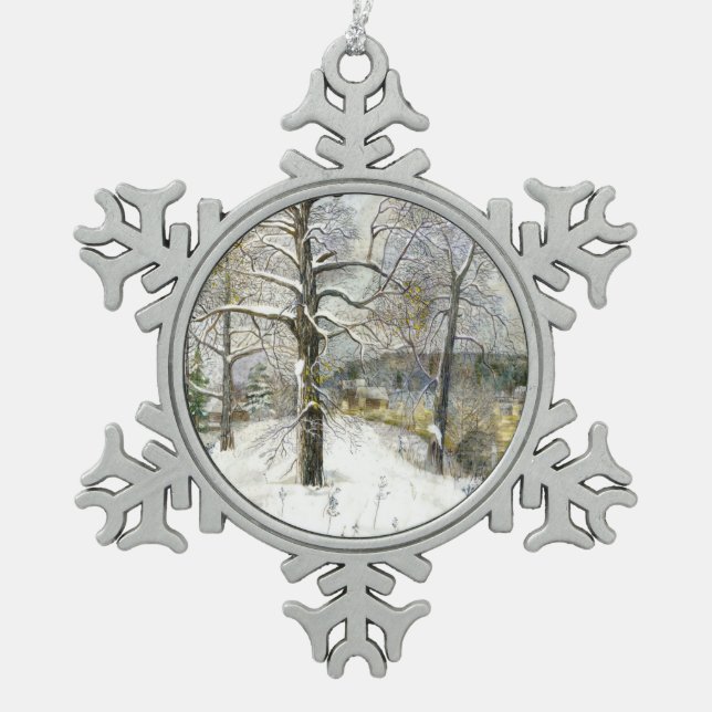 Winterbrücke Schneeflocken Zinn-Ornament (Vorderseite)