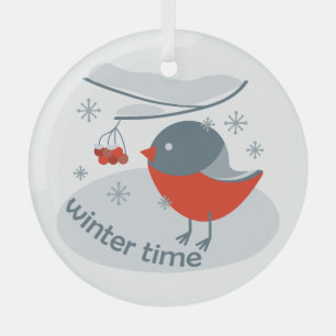 Winterbullfinkenvogel und Rowan Beeren Ornament Aus Glas