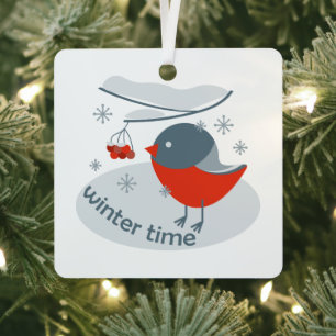 Winterbullfinkenvogel und Rowan Beeren Ornament Aus Metall