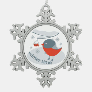 Winterbullfinkenvogel und Rowan Beeren Schneeflocken Zinn-Ornament