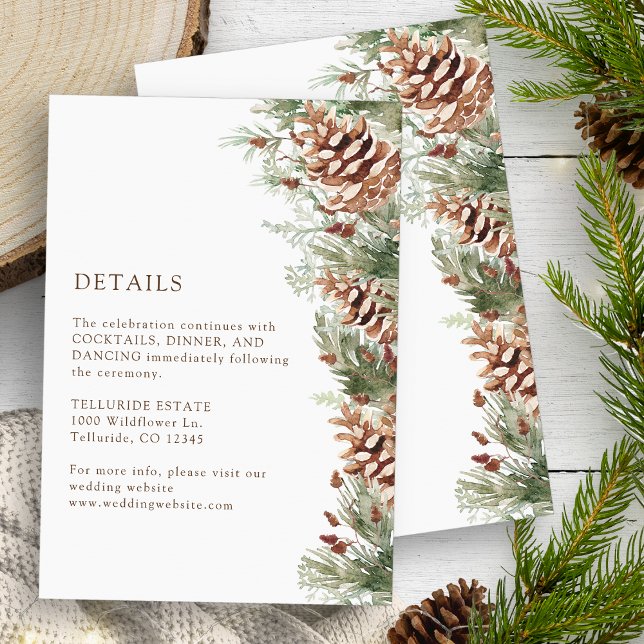 Winterdetails Begleitkarte (White Winter Watercolor Evergreen Pinecones Details Enclosure Card by Painted Paperie)