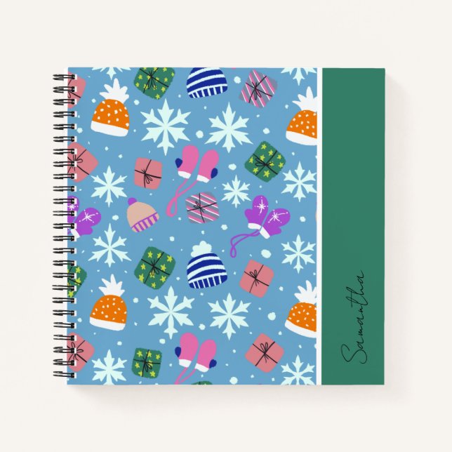 Winterdoodles Blaues Muster mit Monogramm Notizbuch (Vorderseite)