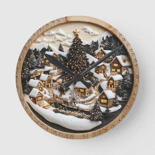 Winterdorf-Erbe mit festlichen Lichtern Runde Wanduhr