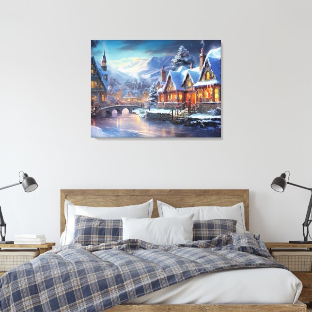 Winterdorf-Illustration Leinwanddruck (Insitu (Schlafzimmer))