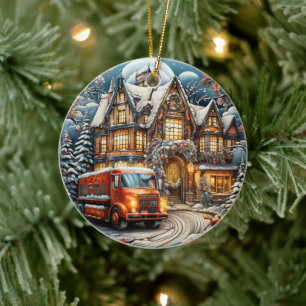 Winterdorf & LKW Weihnachtsfeiertag Keramik Ornament