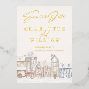 Winterdorf Town Snow Holiday Save the Date Folieneinladung