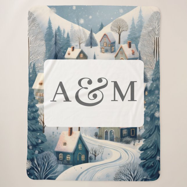 Winterdörfenszene mit Doppelmonogramm Sherpadecke (Vorderseite)