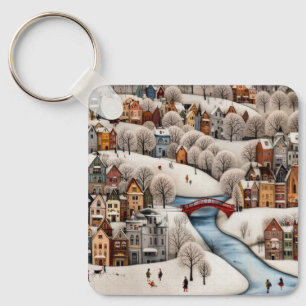 Winterdorfszene Cozy Schneestadt  Schlüsselanhänger