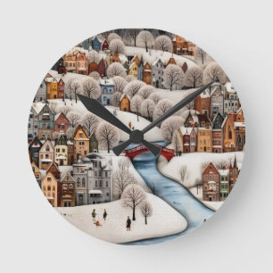 Winterdorfszene - malerisches, verschneites Städtc Runde Wanduhr