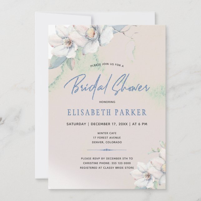Winterelegantes, blumenfarbenes Brautparty Einladung (Vorderseite)